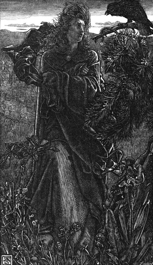 A valkyrie and a raven having a conversation. Illustration to Hrafnsmál or Haraldskvæði by Þórbjörn hornklofi